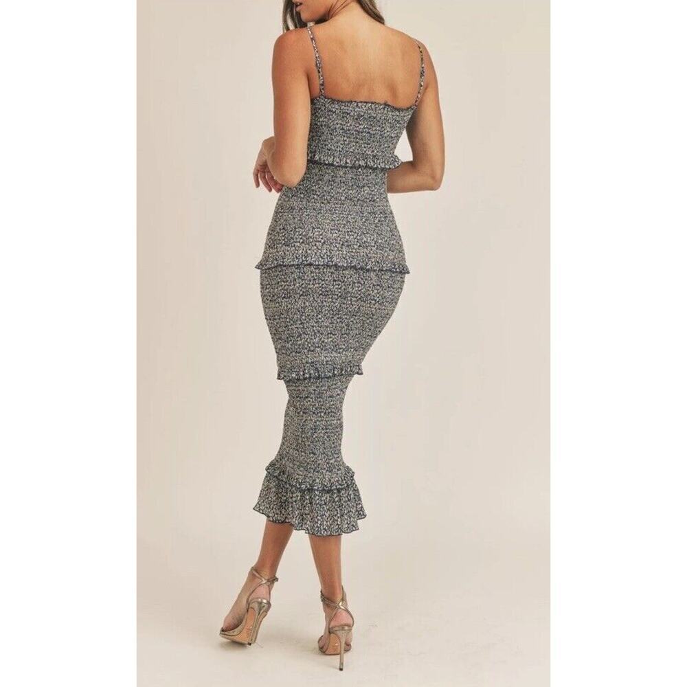 Mable Daphne Smocking Detailed Long Dress Midi Blue Floral Ruffle Women’s - Picture 2 of 9